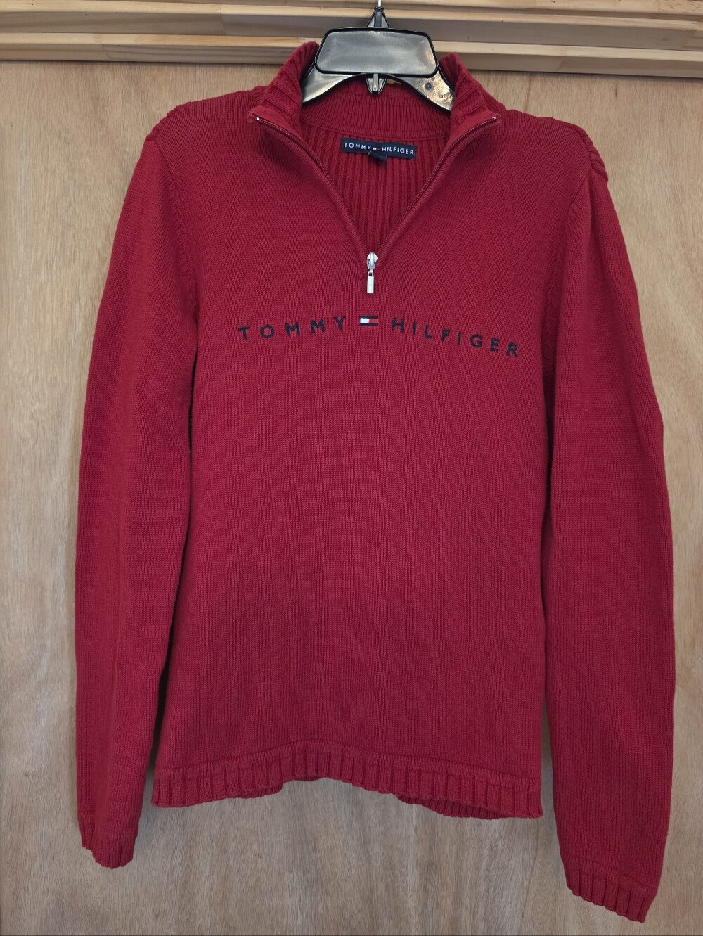 VTG Tommy Hilfiger Women's Red 1/4 Zip Spellout Knit Sweater Y2K Size M